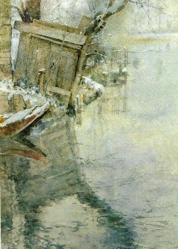 Carl Larsson vinter i grez-sur-loing-tvattbrygga vid loing-floden Spain oil painting art